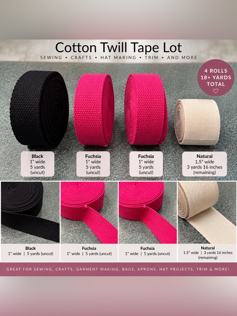 Cotton Twill Tape Lot 4 Rolls Pink Black Natural Sewing Craft Ribbon